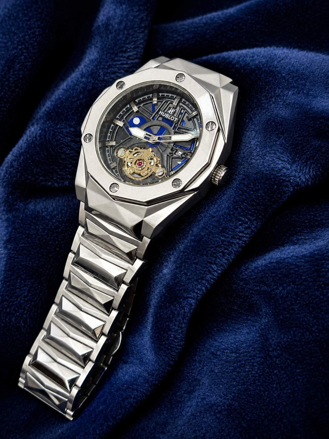 Hublot-Inspired Silver Skeleton Dial Men’s Luxury Stainless Steel Watch