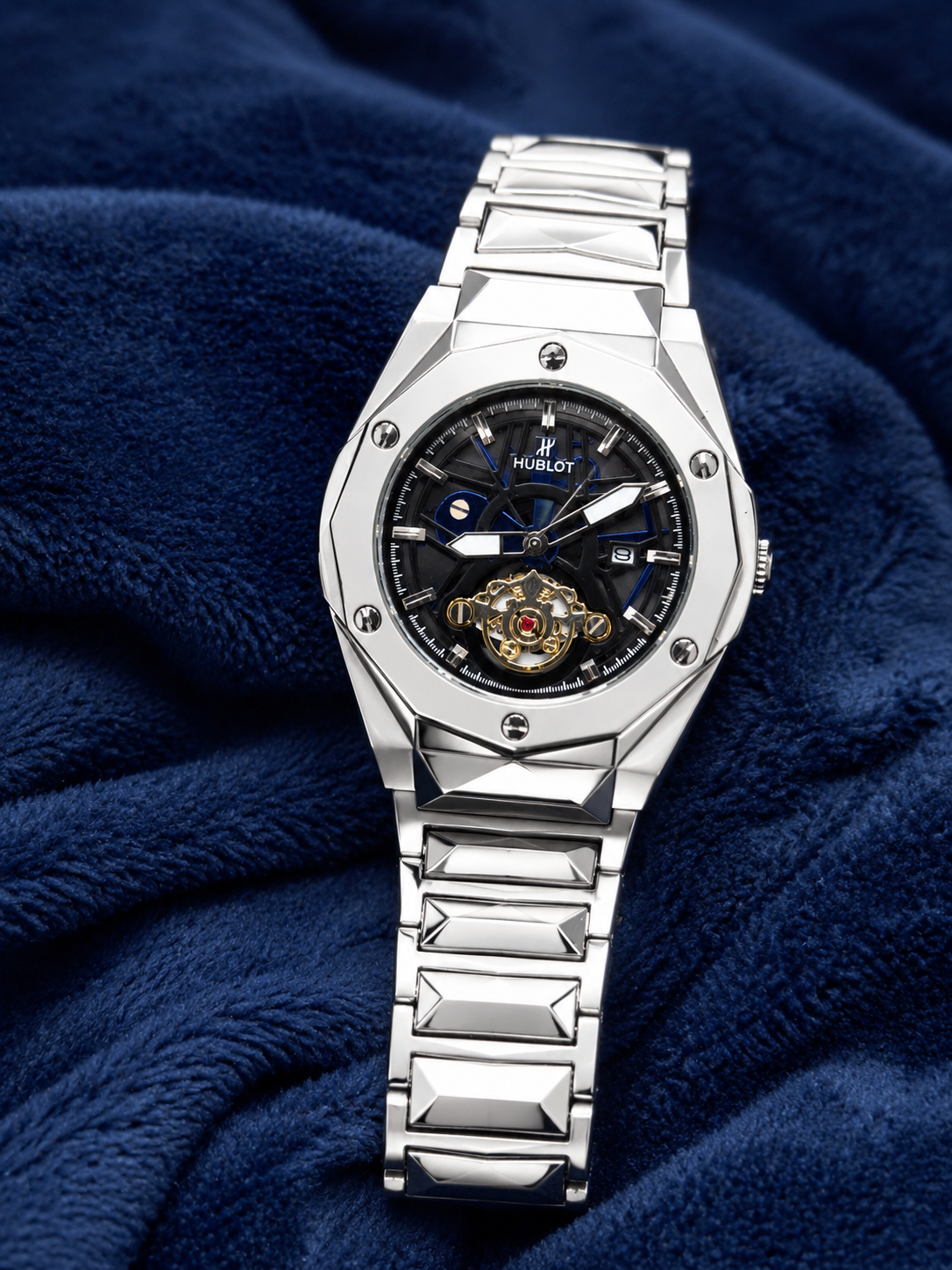 Hublot-Inspired Silver Skeleton Dial Men’s Luxury Stainless Steel Watch