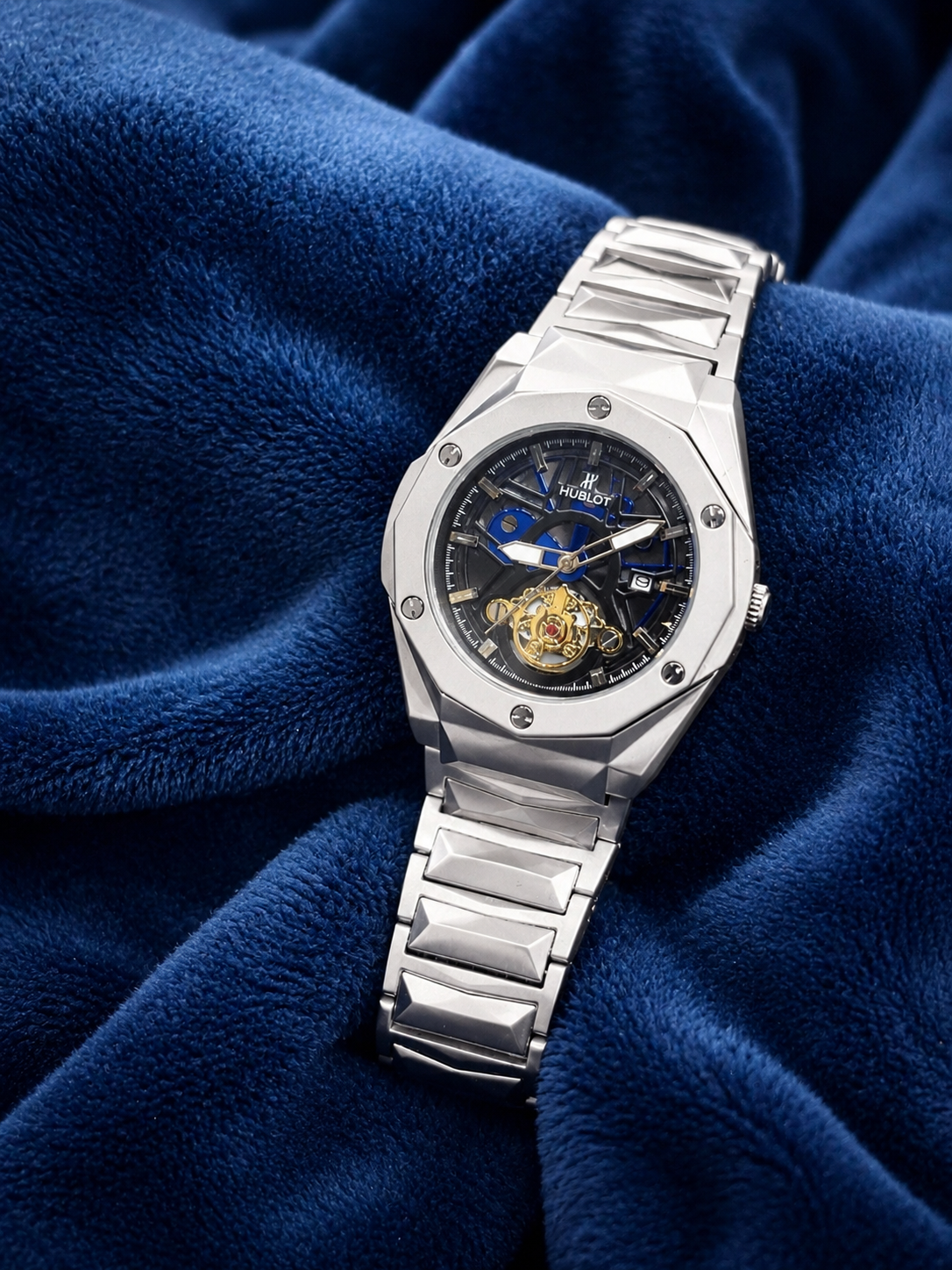 Hublot-Inspired Silver Skeleton Dial Men’s Luxury Stainless Steel Watch