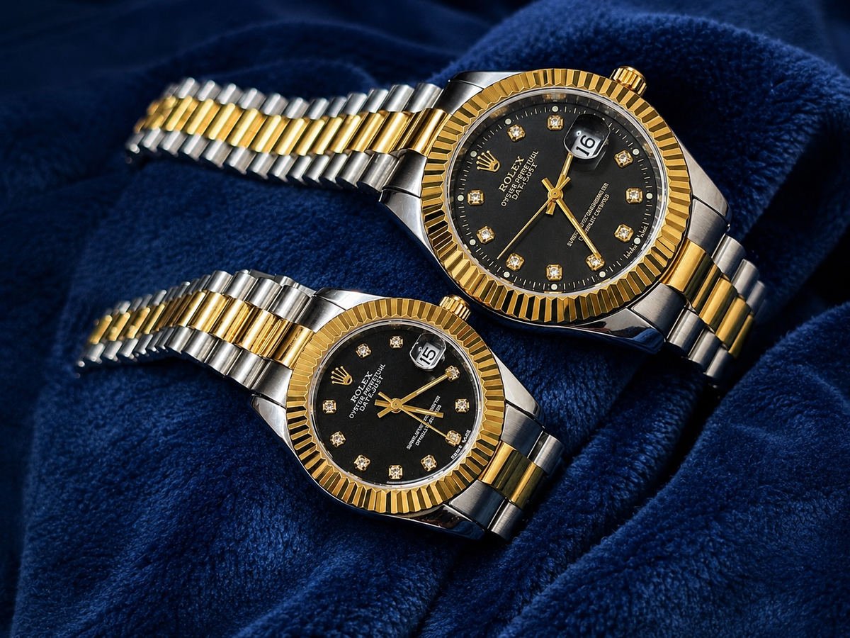 Rolex-Inspired Two-Tone Black Dial Couple Luxury Watch Set
