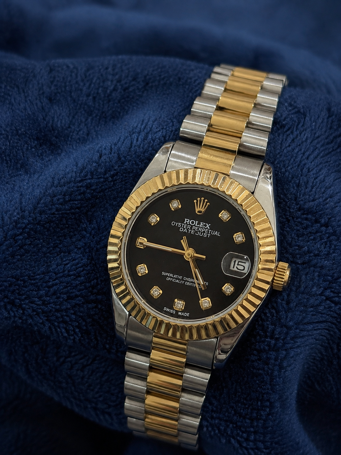Rolex Datejust-Inspired Two-Tone Black Diamond Dial Watch