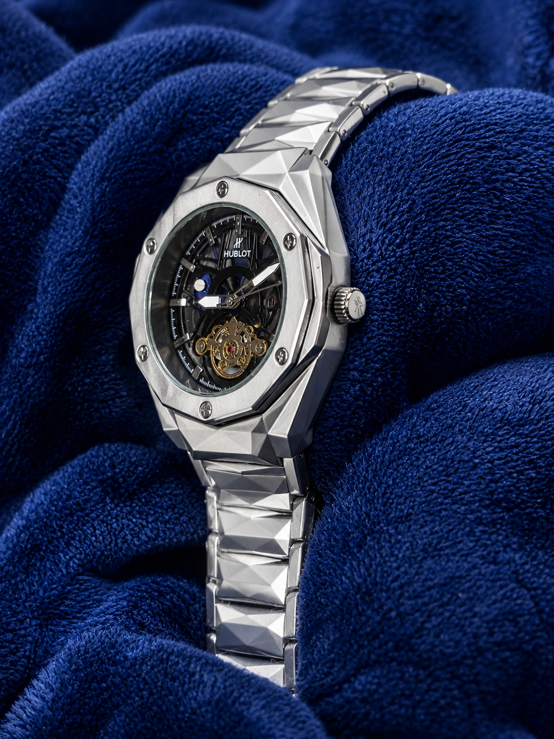 Hublot-Inspired Silver Skeleton Dial Men’s Luxury Stainless Steel Watch